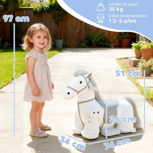 Cavalo de baloiço elétrico Aiyaplay com música, bateria de 6V, rodas silenciosas, branco