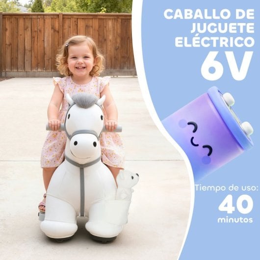 Cavalo de baloiço elétrico Aiyaplay com música, bateria de 6V, rodas silenciosas, branco