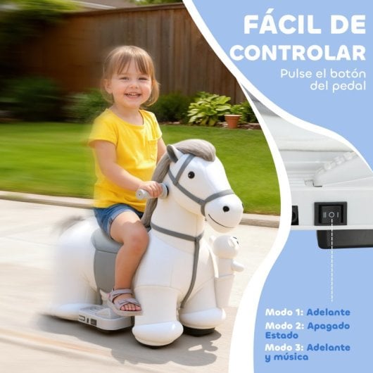 Cavalo de baloiço elétrico Aiyaplay com música, bateria de 6V, rodas silenciosas, branco