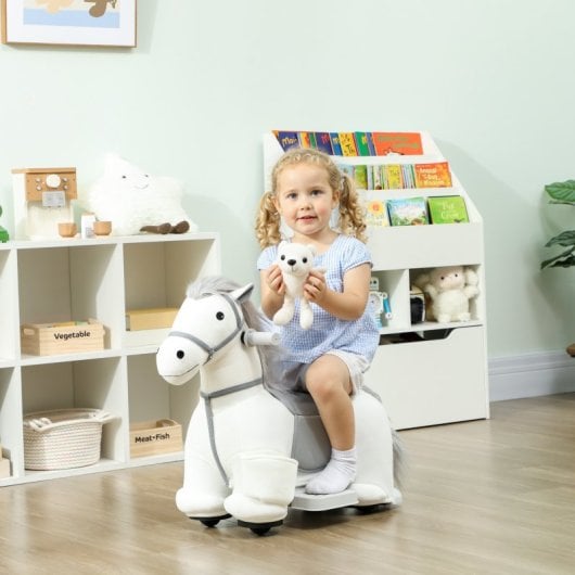 Cavalo de baloiço elétrico Aiyaplay com música, bateria de 6V, rodas silenciosas, branco