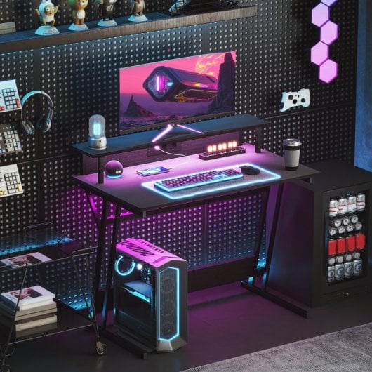 Mesa Gamer Homcom com Luzes LED 100x60 cm e Tomadas Elétricas Preta