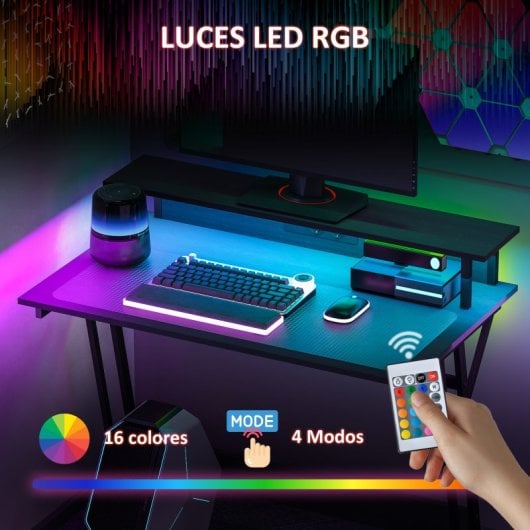 Mesa Gamer Homcom com Luzes LED 100x60 cm e Tomadas Elétricas Preta