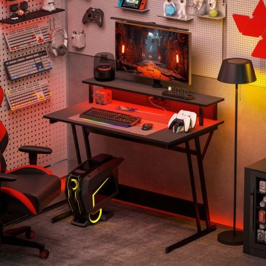 Mesa Gamer Homcom com Luzes LED 100x60 cm e Tomadas Elétricas Preta