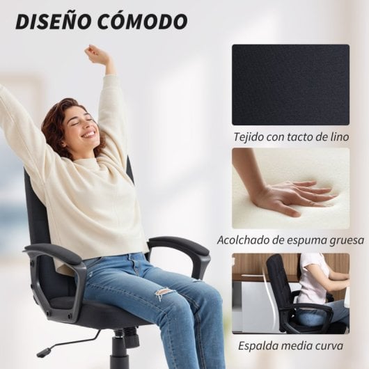 Vinsetto Silla De Oficina Giratoria De Lino Sintético Altura Ajustable Negro