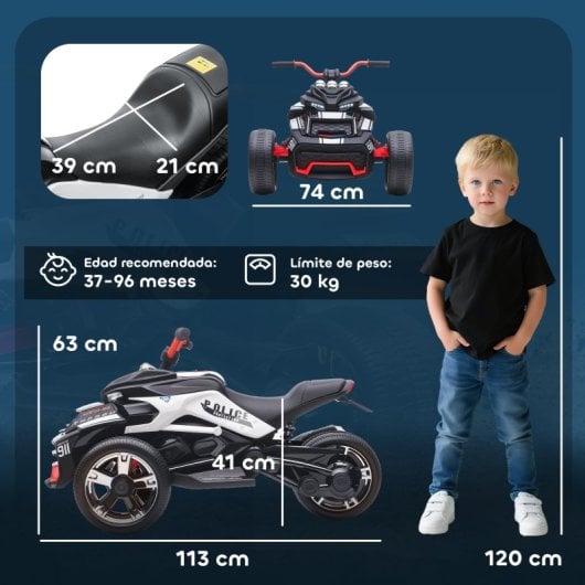 Quadriciclo elétrico infantil Aiyaplay com motor duplo de 12V, luzes e sons.