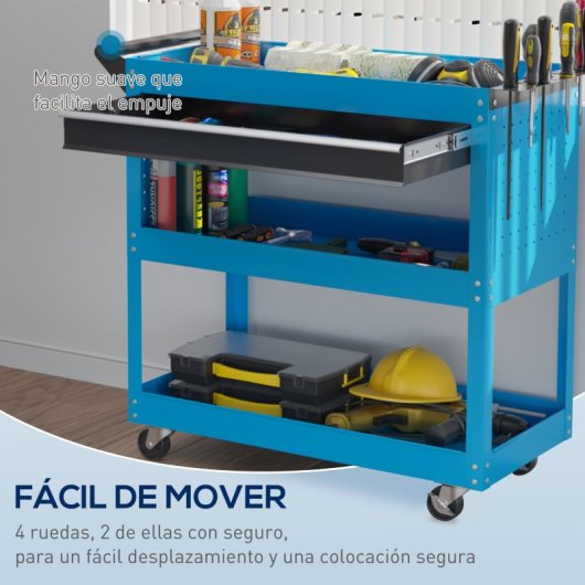 Durhand Carro De Taller Con 3 Bandejas Cajón Ruedas Asa Panel Lateral Azul
