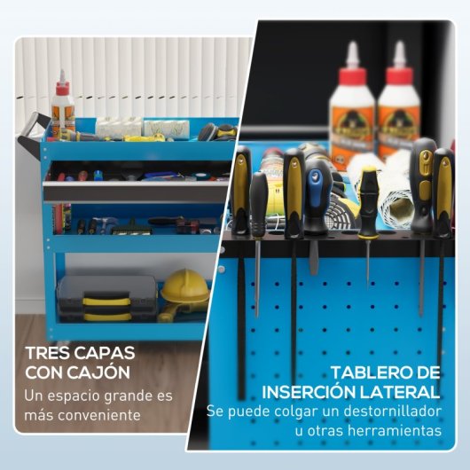Durhand Carro De Taller Con 3 Bandejas Cajón Ruedas Asa Panel Lateral Azul