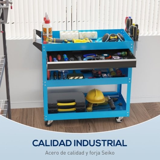 Durhand Carro De Taller Con 3 Bandejas Cajón Ruedas Asa Panel Lateral Azul