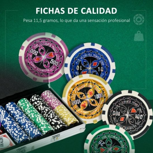 Conjunto de póquer Sportnow com 500 fichas, 2 baralhos de cartas, 5 dados e tapete de jogo prateado.