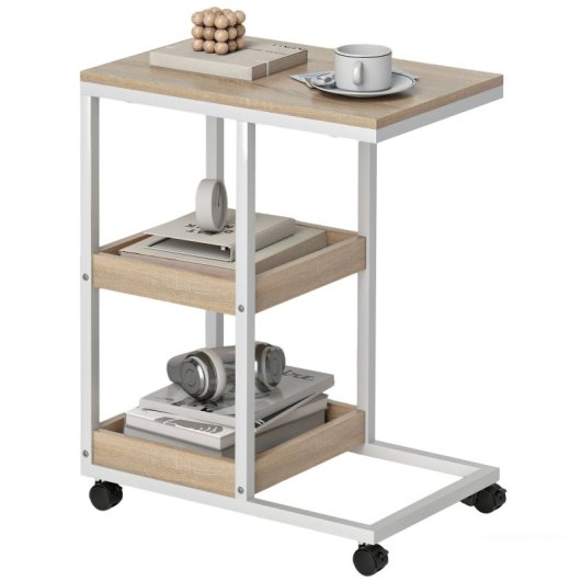 Mesa de apoio em forma de C com rodízios da Homcom, 51x33x66 cm, nas cores natural e branco.
