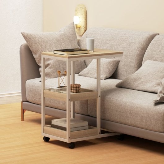 Mesa de apoio em forma de C com rodízios da Homcom, 51x33x66 cm, nas cores natural e branco.