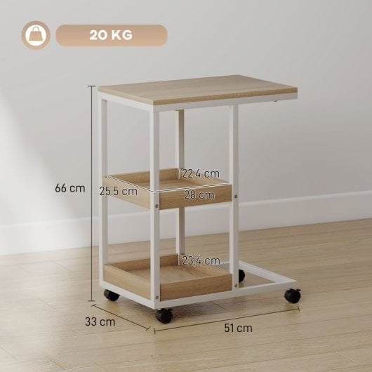 Mesa de apoio em forma de C com rodízios da Homcom, 51x33x66 cm, nas cores natural e branco.