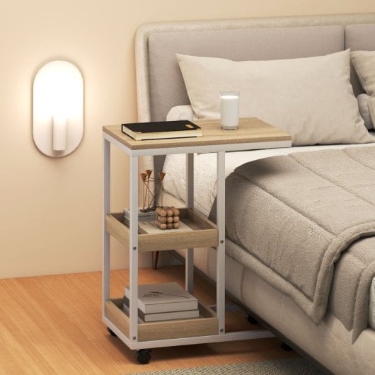 Mesa de apoio em forma de C com rodízios da Homcom, 51x33x66 cm, nas cores natural e branco.