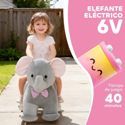 Elefante Elétrico Aiyaplay com Música, Bateria de 6V, Rodas Silenciosas, Cinza