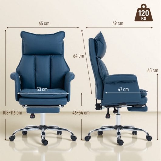 Cadeira de escritório Homcom com apoio para os pés, encosto reclinável e encosto alto, azul