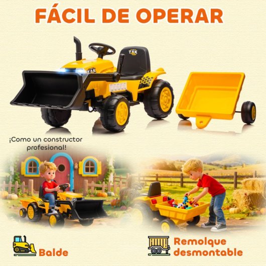 Trator elétrico infantil Aiyaplay com reboque destacável e pá, amarelo