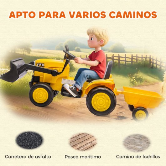 Trator elétrico infantil Aiyaplay com reboque destacável e pá, amarelo