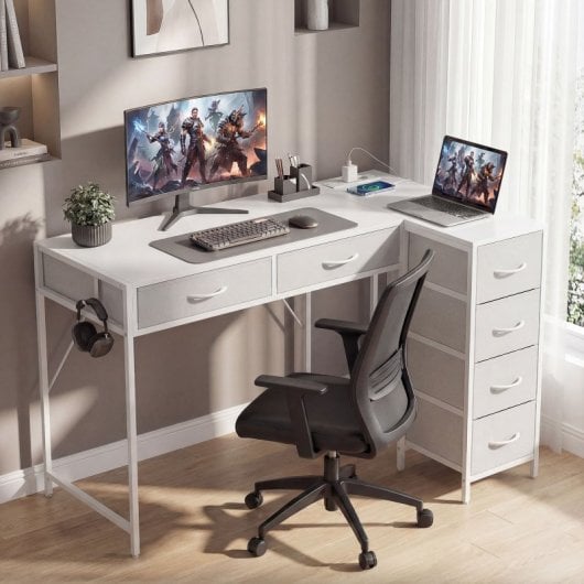 Secretária de canto reversível Homcom com tomada elétrica, 6 gavetas, branca