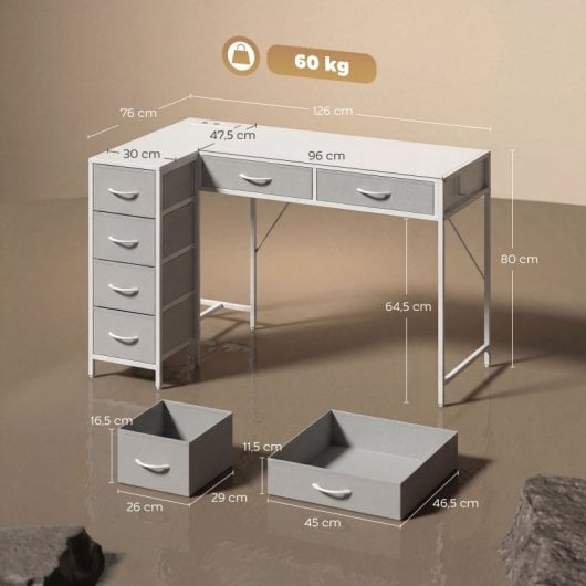 Secretária de canto reversível Homcom com tomada elétrica, 6 gavetas, branca