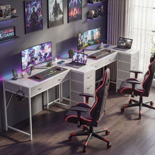 Secretária de canto reversível Homcom com tomada elétrica, 6 gavetas, branca