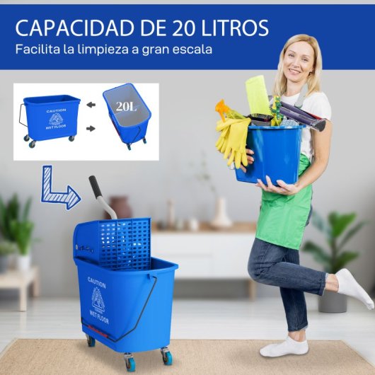 Balde de esfregona com rodas Homcom de 20 litros com sistema de torção e pega - Azul