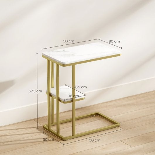 Mesa de apoio estreita em forma de C da Homcom com prateleira, efeito mármore branco.