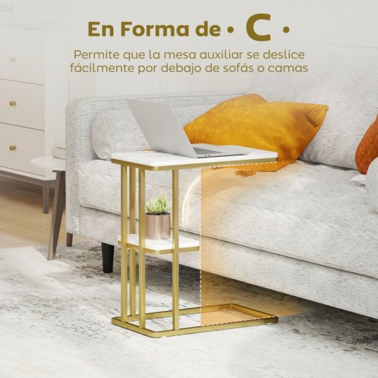 Mesa de apoio estreita em forma de C da Homcom com prateleira, efeito mármore branco.