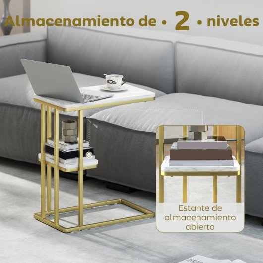Mesa de apoio estreita em forma de C da Homcom com prateleira, efeito mármore branco.