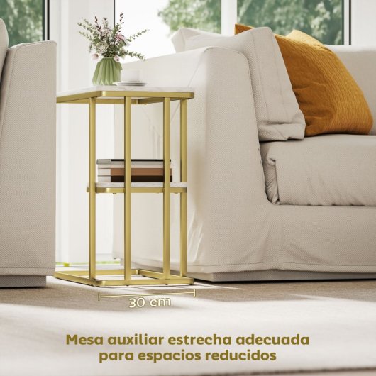 Mesa de apoio estreita em forma de C da Homcom com prateleira, efeito mármore branco.