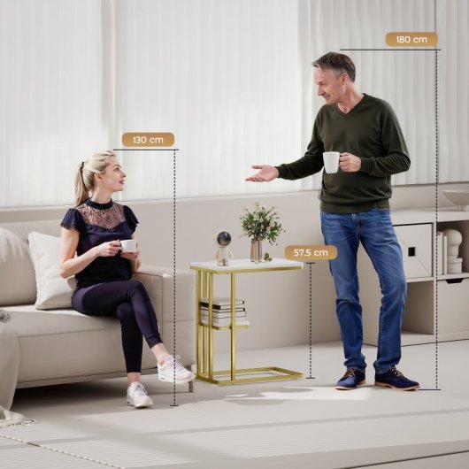 Mesa de apoio estreita em forma de C da Homcom com prateleira, efeito mármore branco.