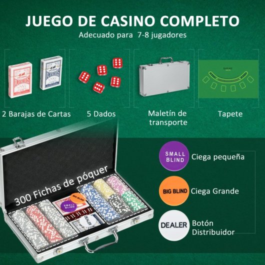 Sportnow Juego De Póker Con 300 Fichas 2 Barajas De Cartas 5 Dados Tapete Plata
