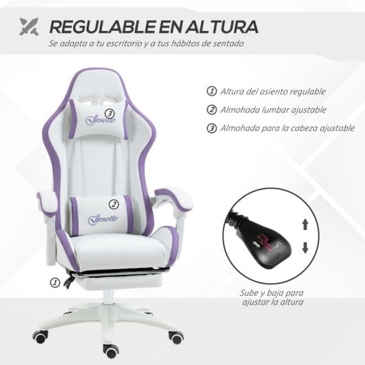 Vinsetto Silla Gaming De Cuero Pu Con Altura Ajustable 65x65x121-129 Cm Blanco