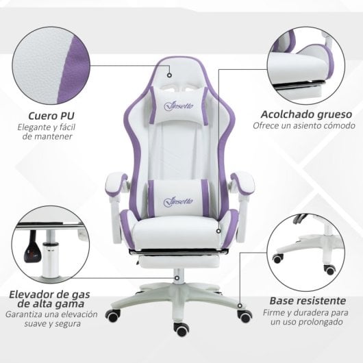 Vinsetto Silla Gaming De Cuero Pu Con Altura Ajustable 65x65x121-129 Cm Blanco