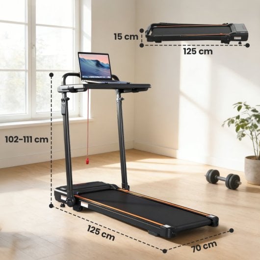 Passadeira rebatível Sportnow com mesa integrada, motor de 2,5 cv, velocidade de 1 a 12 km/h e visor LED.