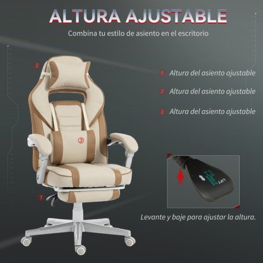 Cadeira gaming reclinável Homcom com apoio para os pés retrátil e suporte lombar, cor creme.