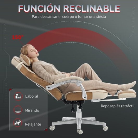 Cadeira gaming reclinável Homcom com apoio para os pés retrátil e suporte lombar, cor creme.