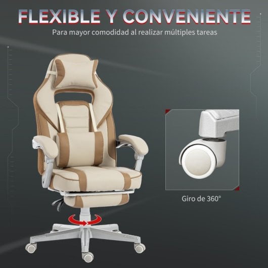 Cadeira gaming reclinável Homcom com apoio para os pés retrátil e suporte lombar, cor creme.