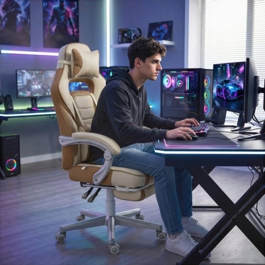 Cadeira gaming reclinável Homcom com apoio para os pés retrátil e suporte lombar, cor creme.