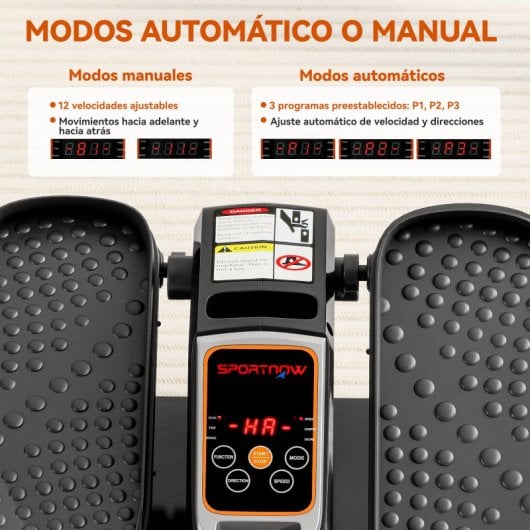 Mini elíptica elétrica Sportnow com 12 velocidades, modos manual e automático.