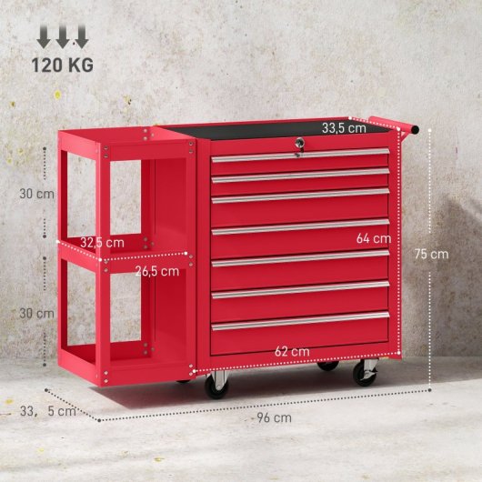 Homcom Carro De Herramientas Con 7 Cajones Estantería Desmontable Rojo