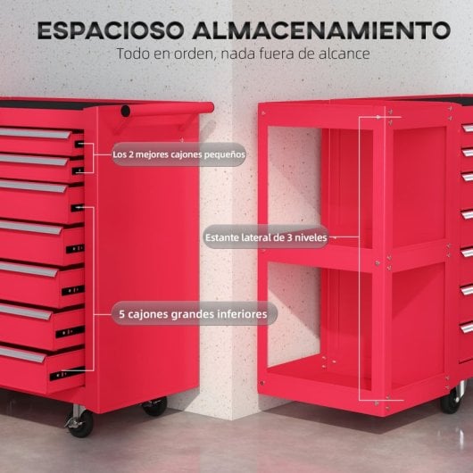 Homcom Carro De Herramientas Con 7 Cajones Estantería Desmontable Rojo