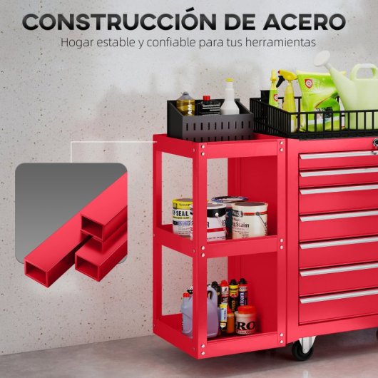 Homcom Carro De Herramientas Con 7 Cajones Estantería Desmontable Rojo