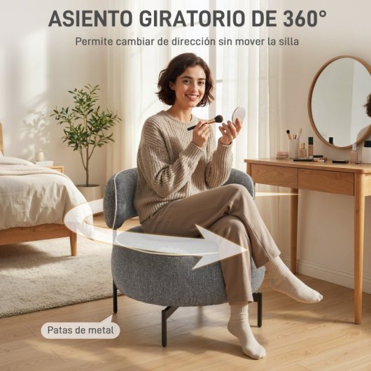 Poltrona Homcom com assento giratório forrada em linho cinza escuro.