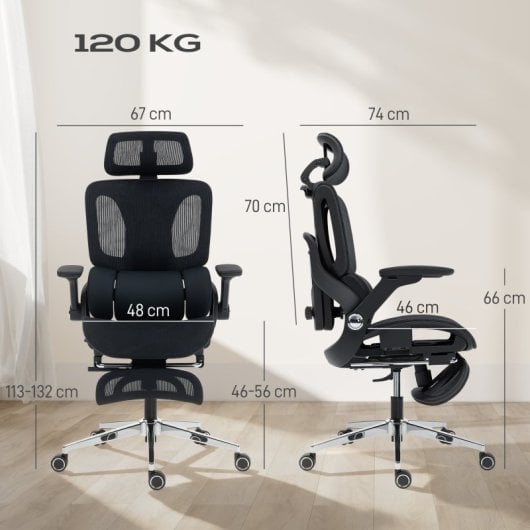 Cadeira de escritório Homcom com apoio para os pés, encosto reclinável e encosto alto, preta.