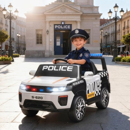 Aiyaplay Coche Eléctrico Para Niños De Policía Con Motor Doble Y Sirena Blanco