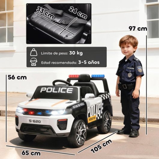 Aiyaplay Coche Eléctrico Para Niños De Policía Con Motor Doble Y Sirena Blanco