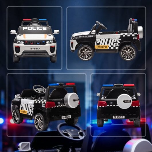 Aiyaplay Coche Eléctrico Para Niños De Policía Con Motor Doble Y Sirena Blanco