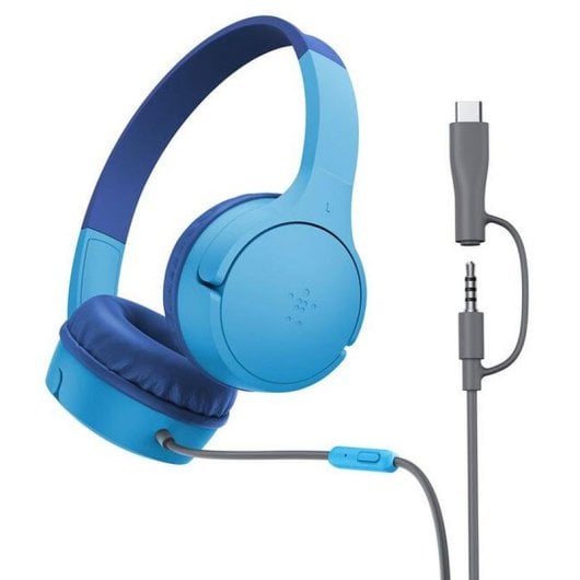 Auricolari Belkin SoundForm Mini con cavo USB-C e jack 3,5 mm per chiamate e musica, resistenti a urti e acqua, blu