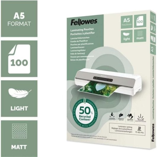 Plastifieuse Fellowes 100143437 A5 Mat 80 µm 100 feuilles recyclées