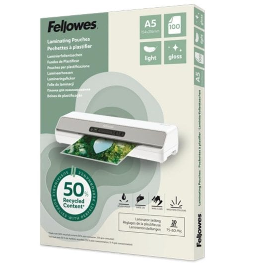 Plastifieuse Fellowes 100143440 A5 80 µm brillant 100 feuilles recyclées
